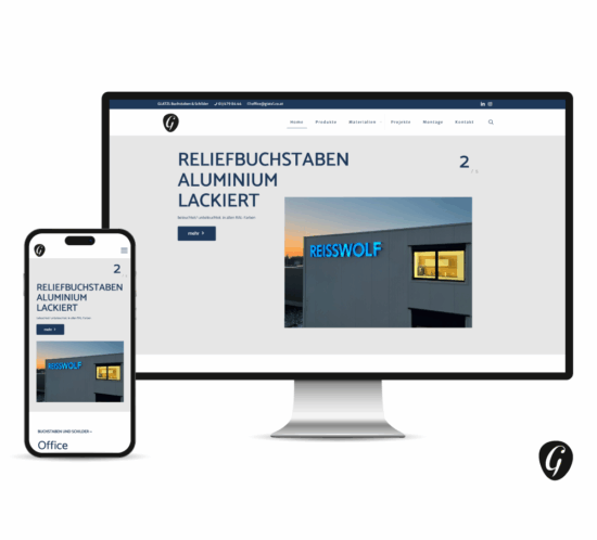 Desktop und Mobile Screen, die Startseite von www.buchstaben-schilder.at wird gezeigt