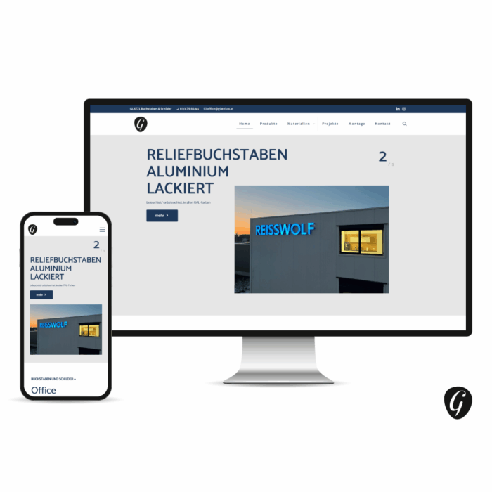 Desktop und Mobile Screen, die Startseite von www.buchstaben-schilder.at wird gezeigt