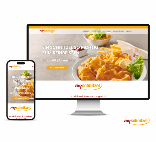 Desktop und Mobile Screen, die Startseite von www.myschnitzel.at wird gezeigt