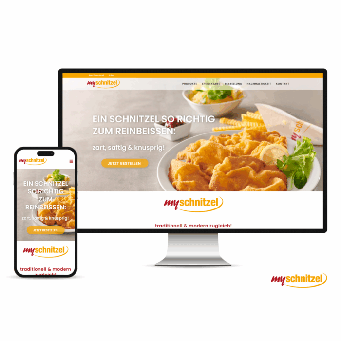 Desktop und Mobile Screen, die Startseite von www.myschnitzel.at wird gezeigt